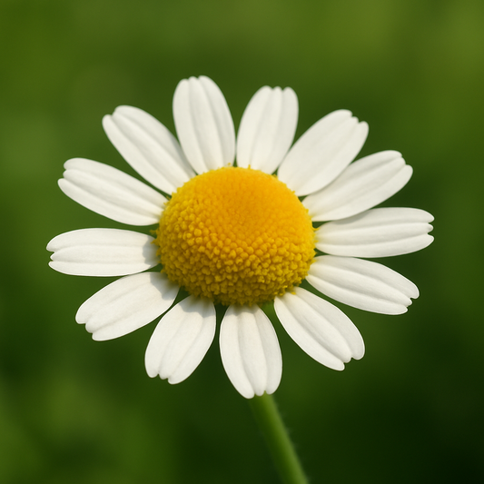 Close-up of a blooming chamomile flower with white petals and a vibrant yellow center, set against a soft green background, highlighting the delicate details of the flower.