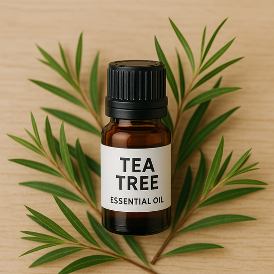 Tea Tree essential oil bottle placed on a light wood surface, surrounded by fresh green tea tree leaves.
