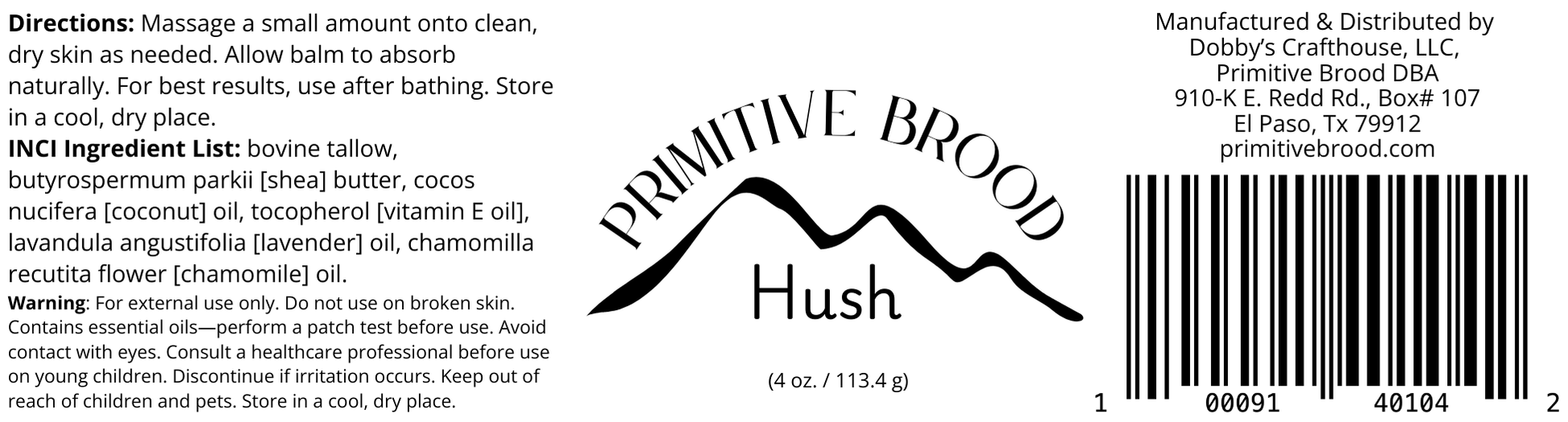 Primitive Brood, Hush Lavender and Chamomile Whipped Tallow Balm. 100% grass-fed Beef Tallow, coconut oil, vitamin E, pure essential oils.