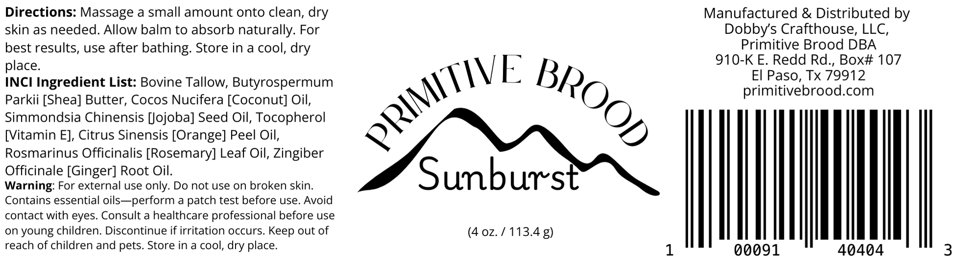 Primitive Brood's Sunburst. Whipped Tallow Balm perfect for use on body and face. Orange, Ginger, and Rosemary aroma therapy made from 100% Grass-Fed Beef Tallow, Coconut Oil, Jojoba Oil, and Vitamin E.