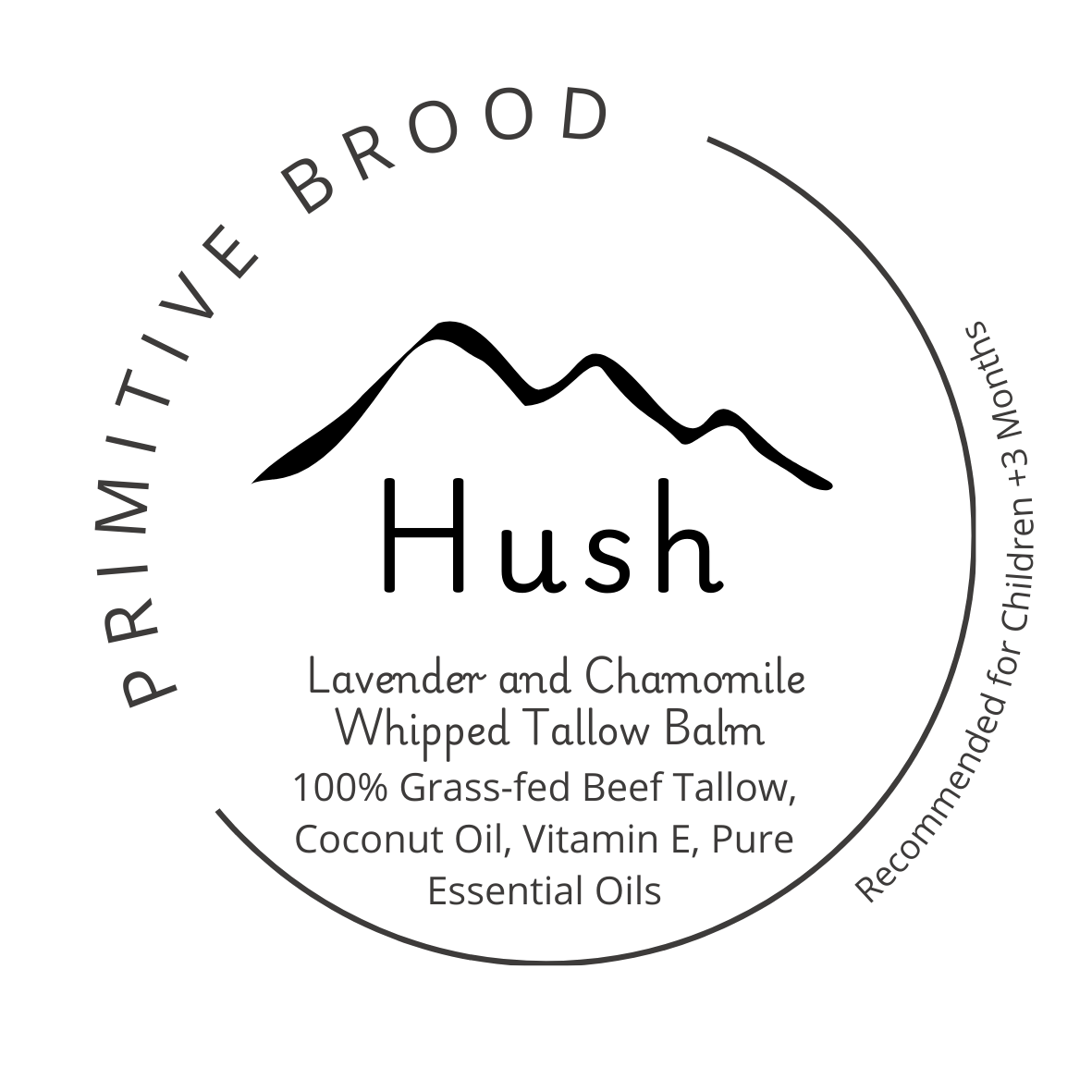 Primitive Brood, Hush Lavender and Chamomile Whipped Tallow Balm. 100% grass-fed Beef Tallow, coconut oil, vitamin E, pure essential oils.