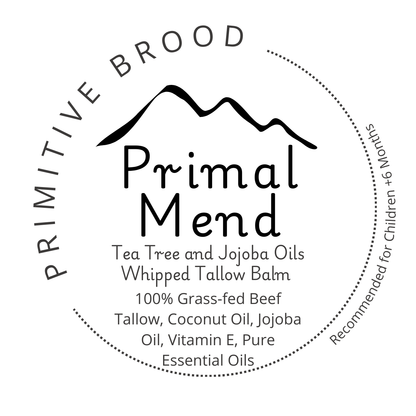 Primitive Brood's Primal Mend. Tea Tree and Jojoba Oils. Whipped Tallow Balm. 100% Grass-fed beef tallow, coconut oil, jojoba oil, and vitamin E.