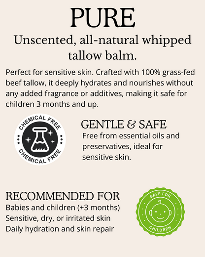 Perfect for sensitive skin. Crafted with 100% grass-fed beef tallow, it deeply hydrates and nourishes without any added fragrance or additives, making it safe for children 3 months and up. Free from essential oils and preservatives, ideal for sensitive skin.