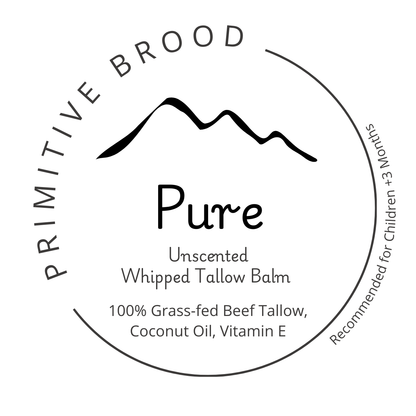 Primitive Brood, Pure. Unscented Whipped Tallow Balm. 100% grass-fed beef tallow, Shea Butter, Coconut Oil, Vitamin E