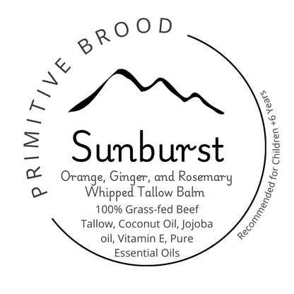 Primitive Brood's Sunburst. Whipped Tallow Balm perfect for use on body and face. Orange, Ginger, and Rosemary aroma therapy made from 100% Grass-Fed Beef Tallow, Coconut Oil, Jojoba Oil, and Vitamin E.